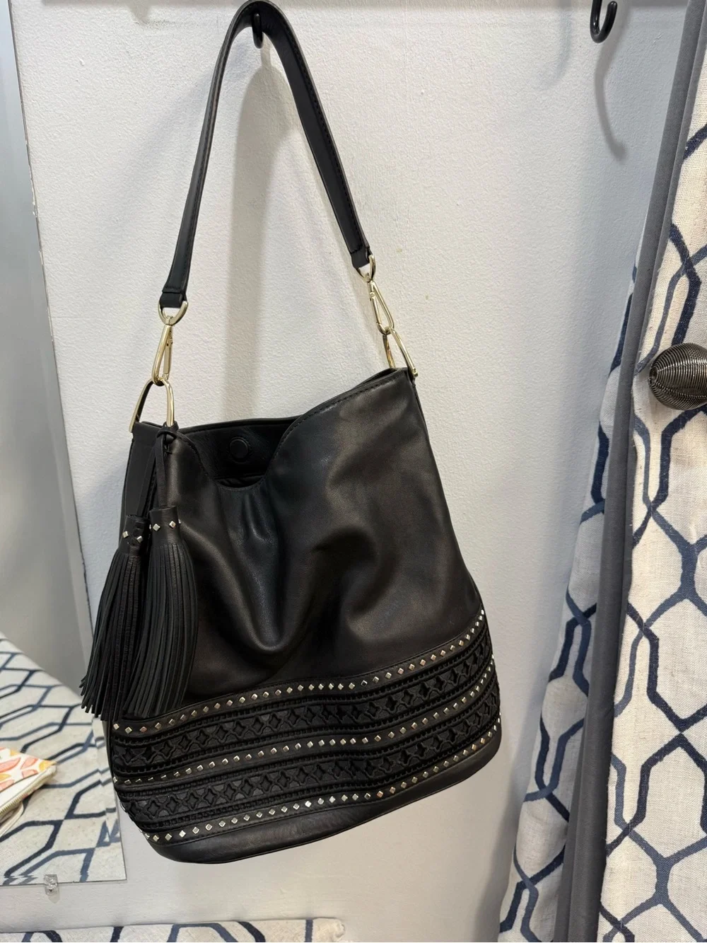 KATE SPADE • Basset Lane Cobie Black Tassel Hobo Bag with Studded Trim